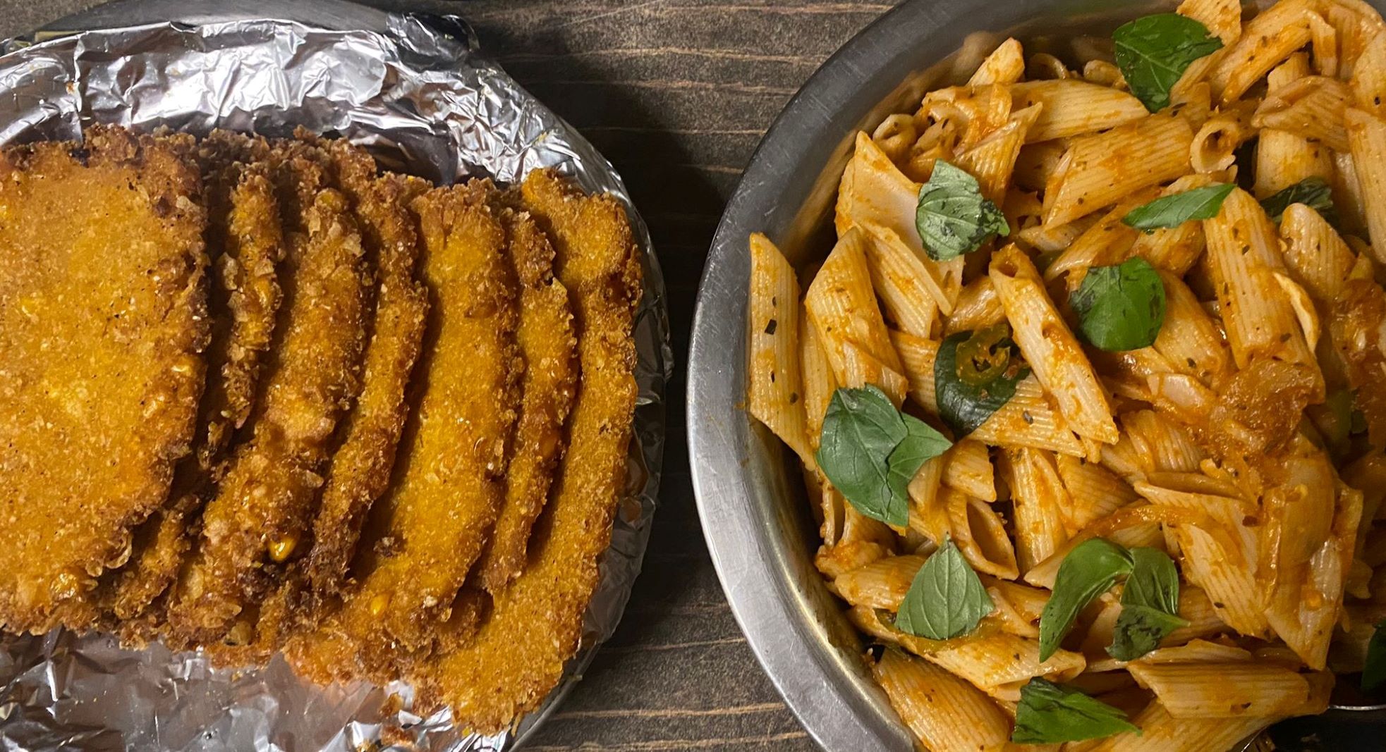 Shnitzel corn and pasta